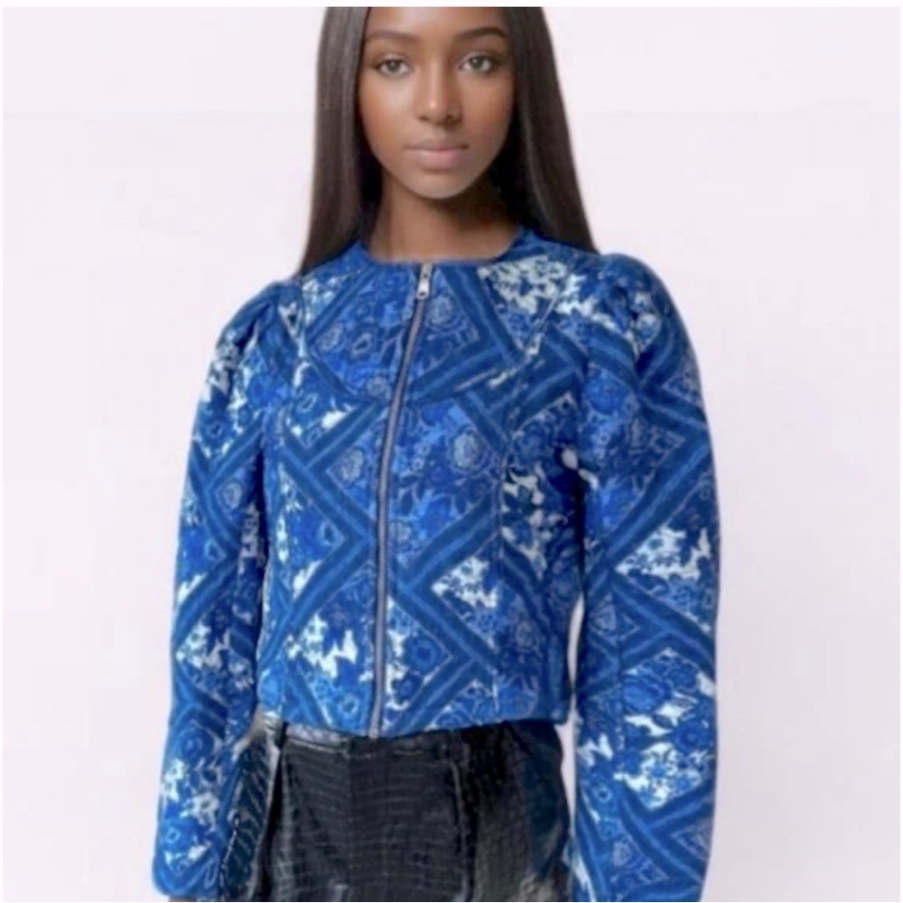 Preowned Women's 7 For All Mankind Blue Toile Floral Cotton Quilted Jacket Sz M